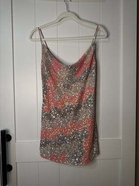Saints + Secrets Show Me Love Cowl Neck Sequin Mini Dress Pink Silver Small